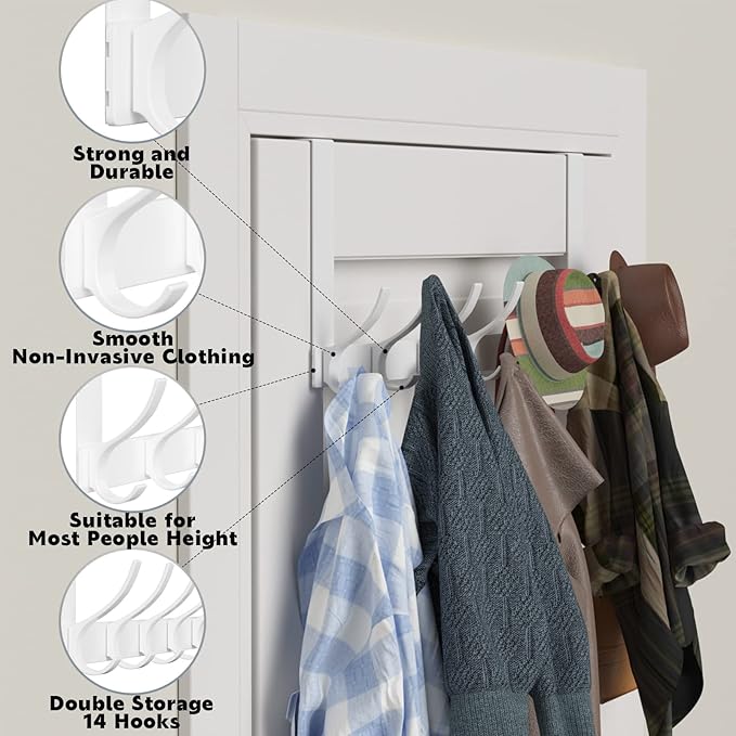 2 Pack Over The Door Hooks, Sturdy Door Hanger, Large Over The Door Towel Rack with 12 Hooks, Heavy Duty Easy to Install, for Bathroom, Bedroom，Kitchen，Hanging Towels, Coats (White)