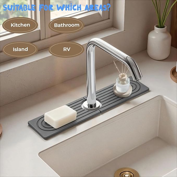 TuBon Diatomite Faucet Mat,Faucet Splash Guard for Bathroom Counter and Kitchen Sink, Fast-Drying, Grey, 23.6" x 4"