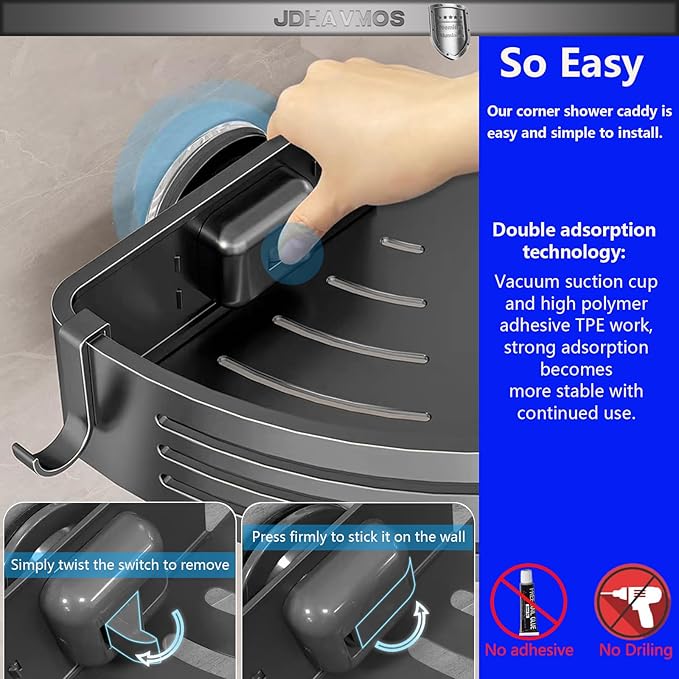 Corner Shower Caddy Suction Cups, Corner Shower Shelf Set, No-Drilling Removable for Kitchen & Bathroom Organizer (1Pack Gunmetal Gray-rectangles)