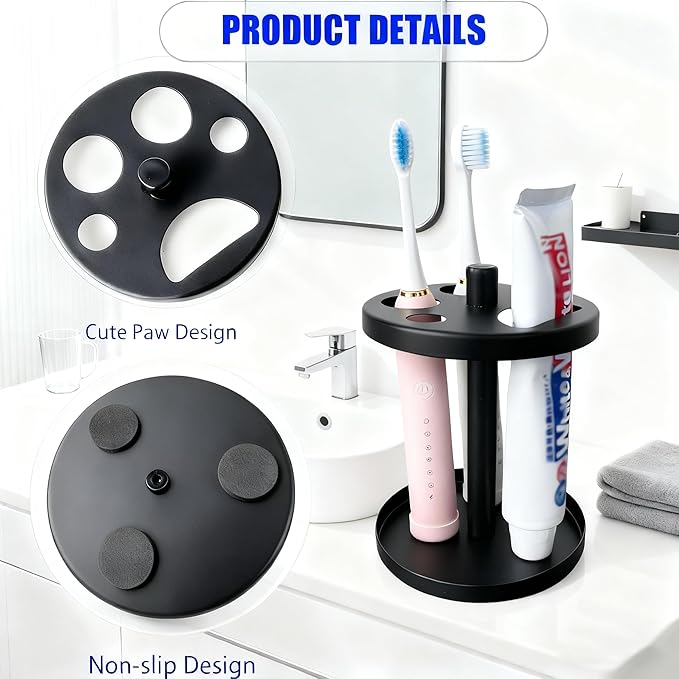 Black Metal Toothbrush Holder Stand for Bathroom, 5 Slots Paw Design Tooth Brush and Toothpaste Holder Set, Rust‑Proof Countertop Organizer fits Electric & Manual Toothbrushes, Razors & Small Comb