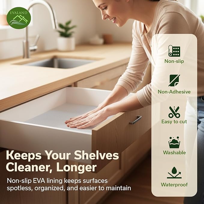 EVALAND Shelf Liners for Kitchen Cabinets Non-Adhesive 12" x 20 FT Clear Drawer Liner Non Slip, Washable Cabinet Liner, Waterproof Shelf Liners for Cabinets, Refrigerator Bathroom Pantry Cabinet Mat