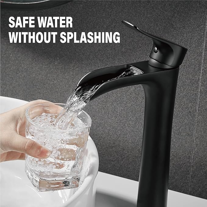 YUNDOOM Matte Black Vessel Sink Faucet, Deck Mount, Single Hole, Waterfall Design, Easy Installation, Durable, Drip-Free, Ceramic Disc Cartridge Valve, Solid Brass Material