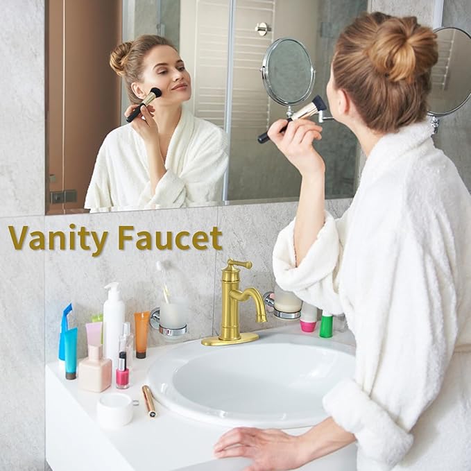 Roman Bathroom Sink Faucet Single Hole Deck-Mount Pop-up Drain Assembly with Overflow Deck Plate and Water Supply Lines Included (Vanity Sink Faucet, Light Gold)
