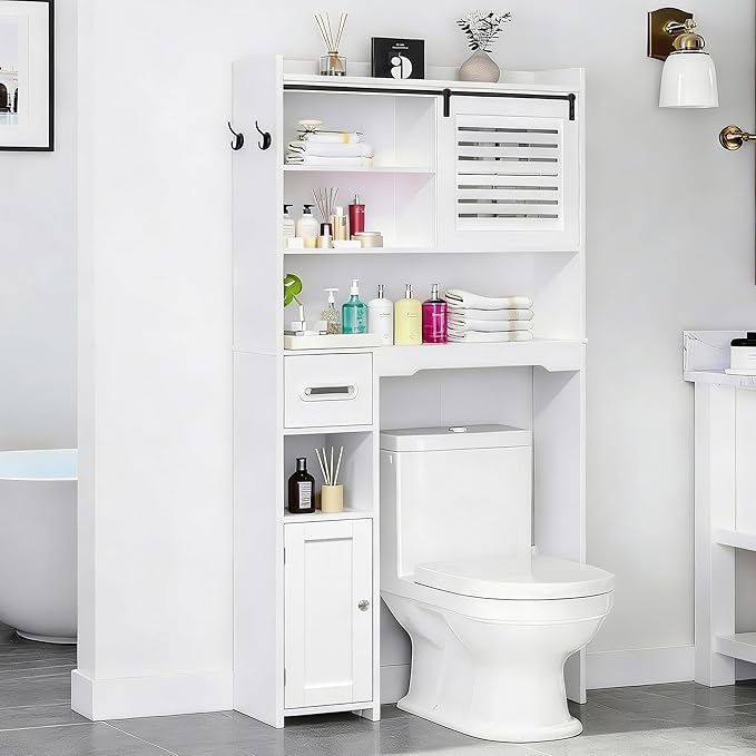 Over The Toilet Storage Cabinet, Bathroom Storage Cabinet Organizer, Above Toilet Rack with Door and Adjustable Shelves, Space Saver for Restroom, Laundry (White Right Side)