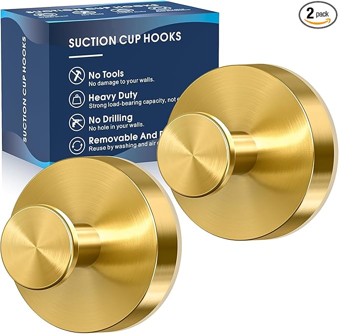 Suction Cup Hooks,No Drill Shower Hooks for Inside Shower,Heavy Duty Towel Hooks for Wall,Bathroom,Kitchen,Glass,Mirror,Tile to Hang Towels,Loofah-Gold(2 Pack)