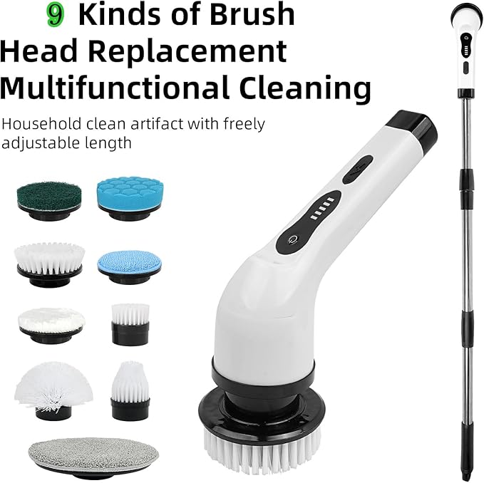 Cordless Electric Spin Scrubber, 360 Rotating Handheld Bathroom Scrubber with 9 Replaceable Cleaning Brush Heads 90Mins Work Time for Cleaning Kitchen,Tile,Tub Floor,Sink,Window,Stove(White)