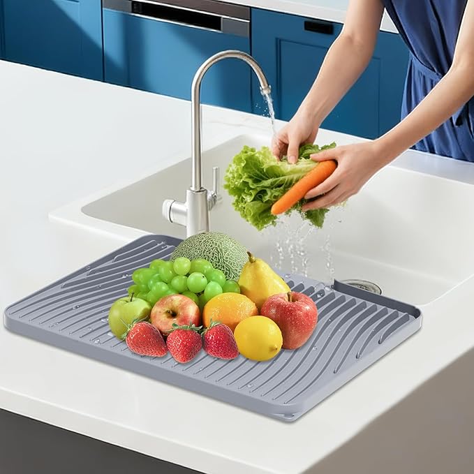 Silicone Dish Drying Mat for Kitchen Counter, 19.7" x 17" Dish Drying Pad, Non-Slip Drain Pad with Built-in Drain, Heat Resistant Stone Drying Mat, Grey