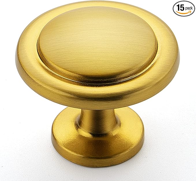 Ravinte 15 Pack 1-1/4 Inch Kitchen Cabinet Knobs Brushed Brass Zinc Pulls Door Handles for Dresser Drawers