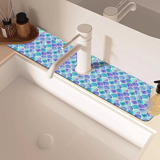 Watercolor Rainbow Scales Sink Faucet Absorbing Mat Sink Splash Guard Faucet Mat Draining Mat Fast Drying Sink Protectors for Kitchen and Bathroom 5.5"×24"