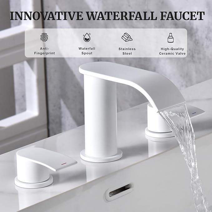 Ultimate Unicorn 8 inch Bathroom Faucet White, Waterfall Bathroom Sink Faucet with Metal Pop-up Drain Stopper and 2 Supply Hoses,2 Handle Widespread Faucets for Vanity Sink 3 Holes