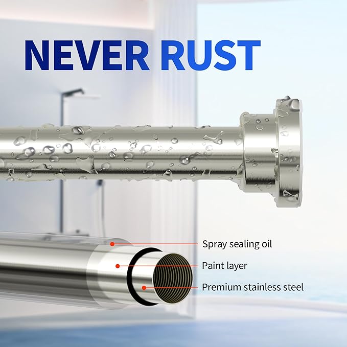 Shower Curtain Rod, 1" Diameter Heavy Duty Tension Shower Rod, Non Slip Adjustable 28-46 inch No Drilling Shower Curtain Rods Spring Tension For Bathroom, Shower Stall, No Rust, Nickel