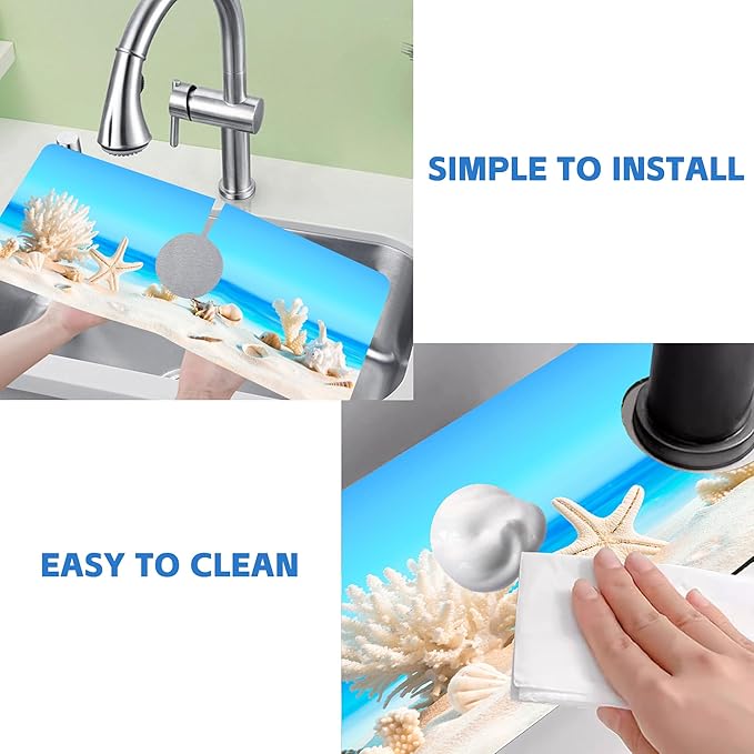Tropical Beach Seashells Kitchen Sink Splash Guard Absorbent Fast Drying Mat Faucet Draining Mat Behind Faucet Drip Catcher for Kitchen Bathroom 5.5"15"