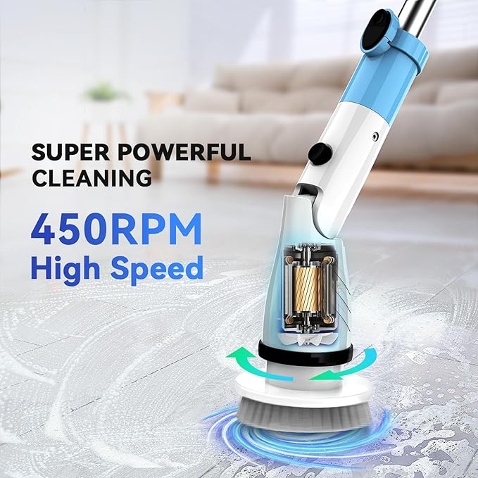 Electric Spin Scrubber,Cordless Spin Cleaning Scrubber with 5 Replaceable Brush Heads,Power Full Cleaning Brush Scrubber 450RPM,Adjustable Telescopic Handle&90min Runtime for Bathroom (Off White+Blue)
