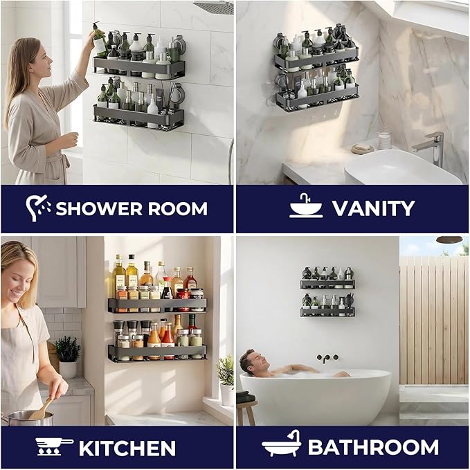 ONXE Shower Caddy Suction Cup,2 Pack Suction Shower Organizer,No Drilling Rustproof Shelves for Bathroom,Kitchen,Home Decor,Heavy Duty Bathroom Organizer with Large Capacity (15.7 inch-No bar)