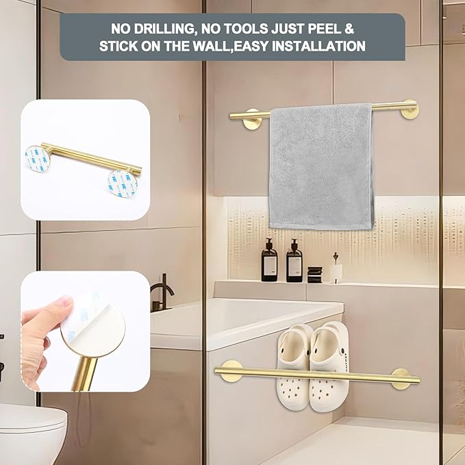 Self Adhesive Bath Towel Bar, Thicken Stainless Steel Shower Towel Rack Holder Wall Mounted for Bathroom, 23.6-lnch Overall Length-21-lnch Usable Hanging Space (1 Pack, Brushed Gold)