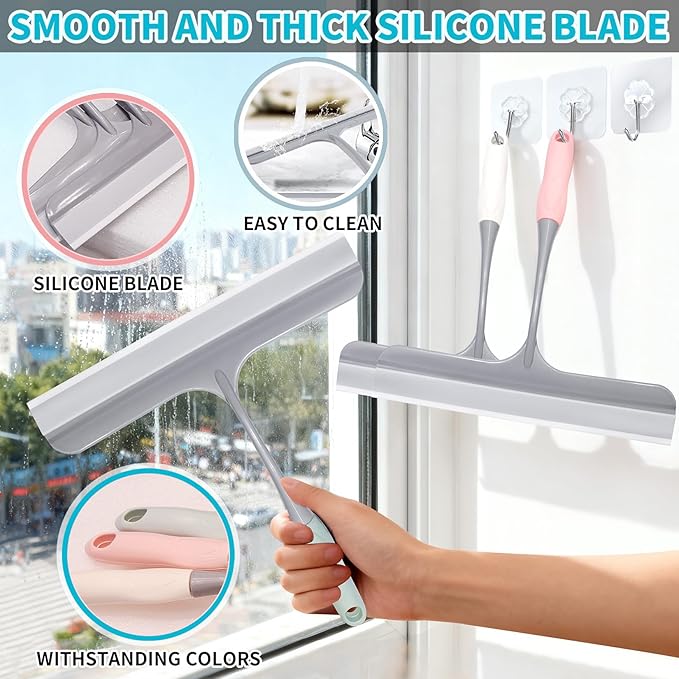 3pcs All-Purpose Safe Shower Squeegee for Glass Doors, with 3 Adhesive Hooks, Sinks and More,Window Cleaning Squeegee Glass Shower Door for Car Window Wiper Mirror Windshield