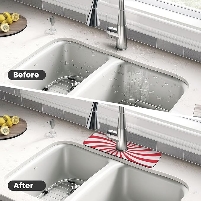 Christmas Red Swirl Peppermint Sugar Candy Kitchen Sink Splash Guard Faucet Mat 1 Pcs, Absorbent Fast Drying Mat Gadgets Splash Guard For Bathroom 15 X 5.5 Inches