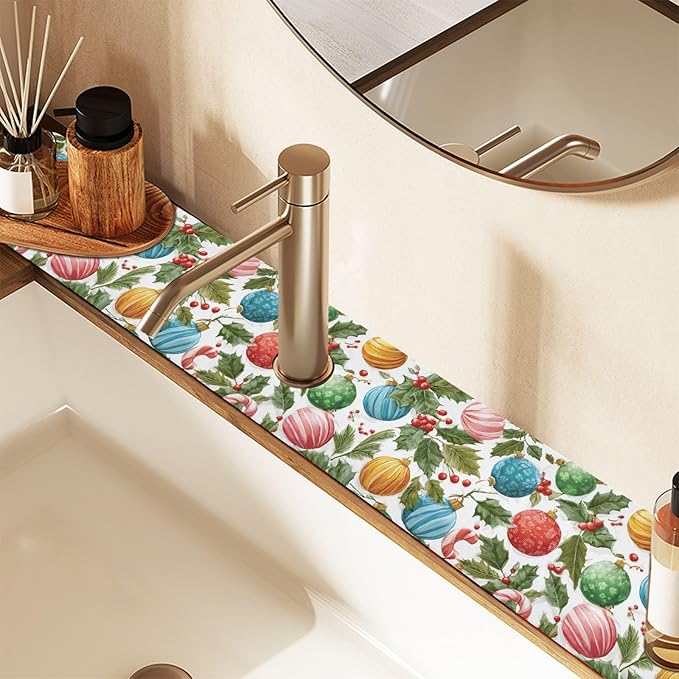 Christmas Baubles Holly Bells Sweet Kitchen Sink Splash Guard Sink Faucet Mat Faucet Handle Drip Catcher Drain Mats for Kitchen Bathroom Countertop Absorbent Dish Drying Pad 2Pack 3