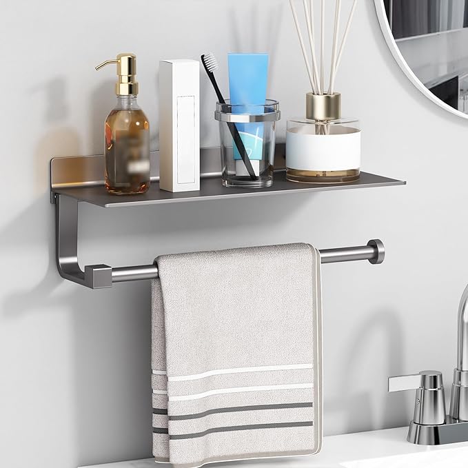 Danpoo Kitchen Paper Towel Holder with Shelf Wall Mount, Adhesive Hand Towel Holder for Bathroom, Matte Grey