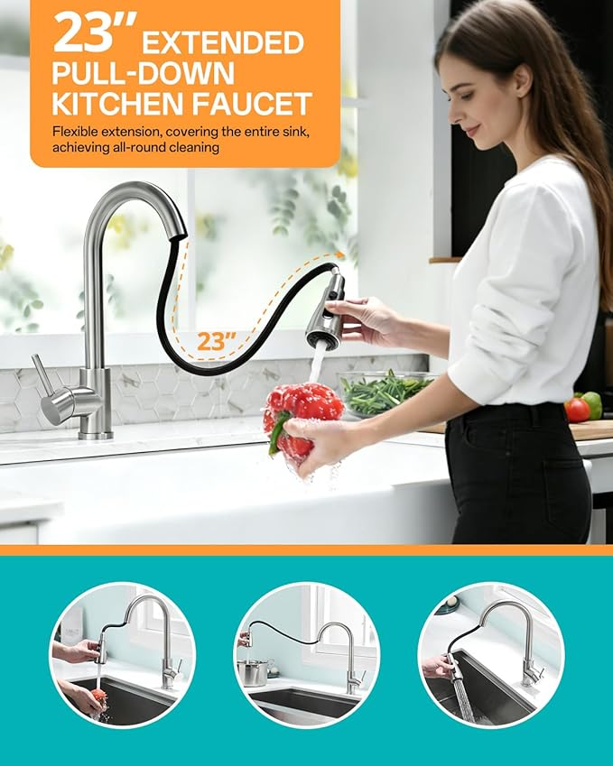 Kicimpro Kitchen Faucet with Pull Down Sprayer, Zero Leakage 3 Hole Brushed Nickel RV Kitchen Sink Faucet with Water Line, NSF Certified Lead-Free 304 Stainless Steel Pull Down Kitchen Faucet