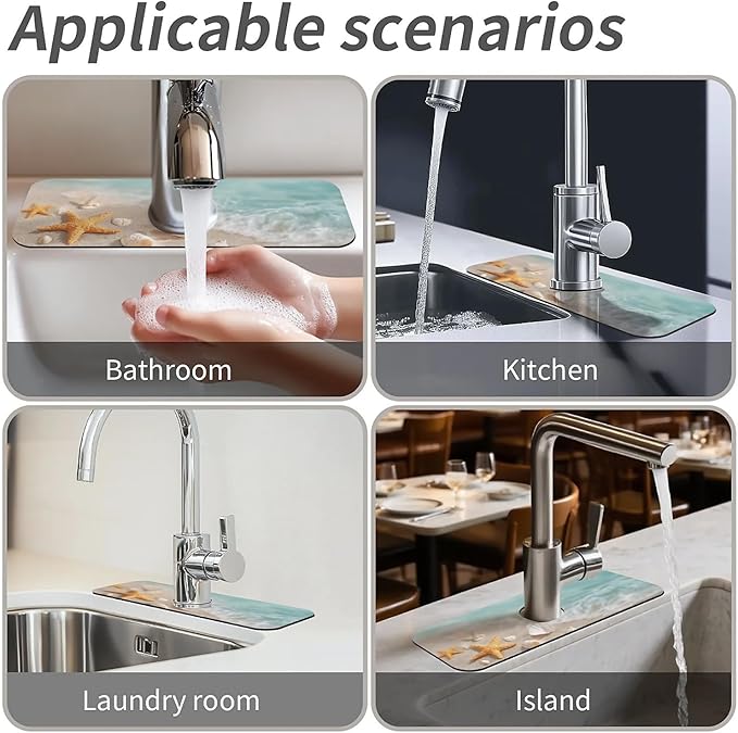 Kitchen Sink Splash Guard，Starfish and shells Faucet Mat Sink Gadgets-Super Absorbent Fast Drying Mat Drip Catcher for Kitchen, Bathroom,Sink Mat, Dish Drying Mat, Bathroom(15" X 5.5" )