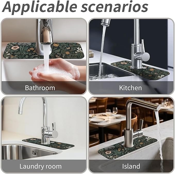 Kitchen Sink Splash Guard，Dark-green black flowers Faucet Mat Sink Gadgets-Super Absorbent Fast Drying Mat Drip Catcher for Kitchen, Bathroom,Sink Mat, Dish Drying Mat, Bathroom(15" X 5.5" )