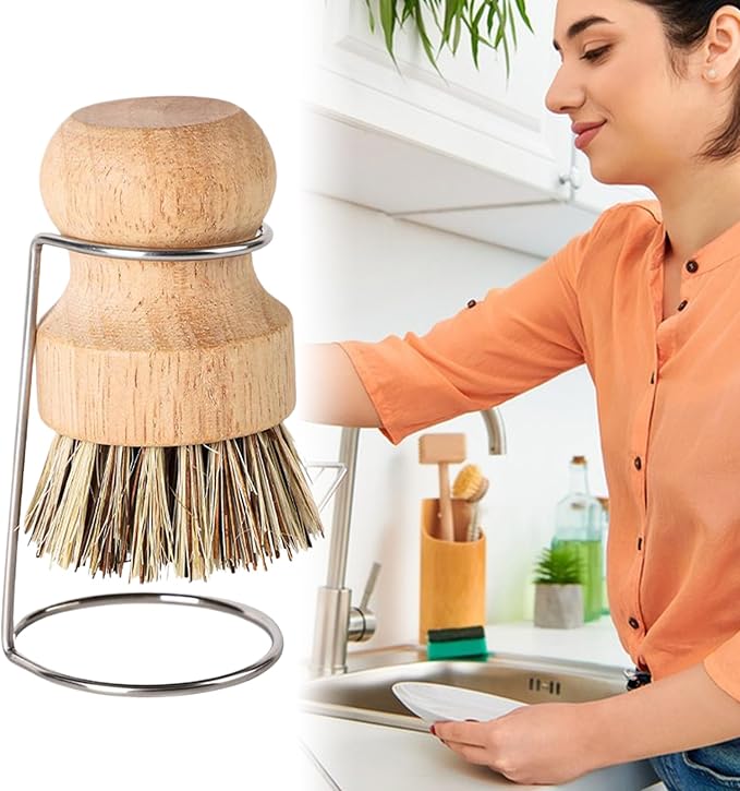Dish Scrub Brush - Wooden Handle Kitchen Scrubber | Stiff Bristles Cleaning Brush Drain Rack Holder Included Easy Grip Design for Sink Pots Pans Shower Bathroom Grout Tile Washing