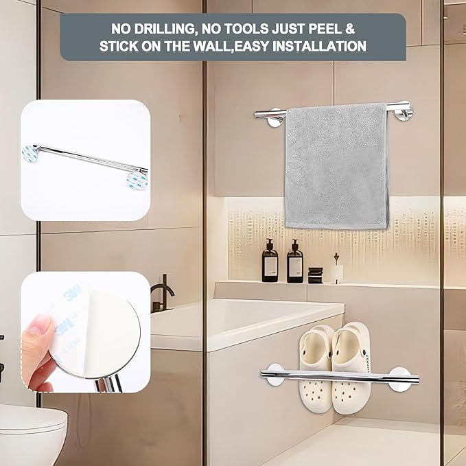 Adhesive Command Strip Towel Rack for Bathroom,16" Chrome Rustproof Towel Holder, Sturdy Towel Bar Wall Mounted, Space-Saving Towel Hanger, Bathroom Accessories, Home Decor, Apparment Essentials