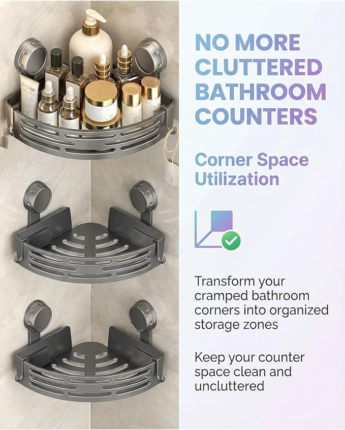Suction Cup Corner Shower Shelf,No-Drill Bathroom Corner Shelf,Aluminum Wall Mounted Storage Rack Bathtub Shelf,For Bathroom Kitchen