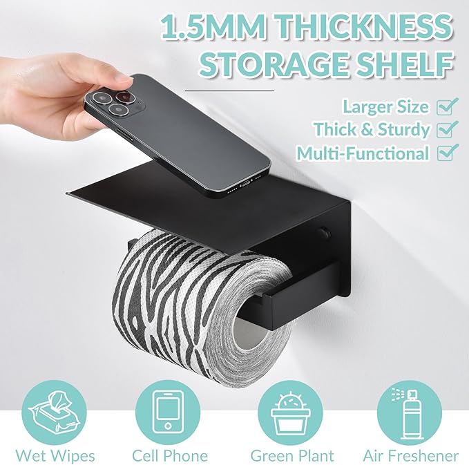 APLusee Matte Black Toilet Paper Holder with Shelf, Left Side 304 Stainless Steel Tissue Hanger, Wall Mounted