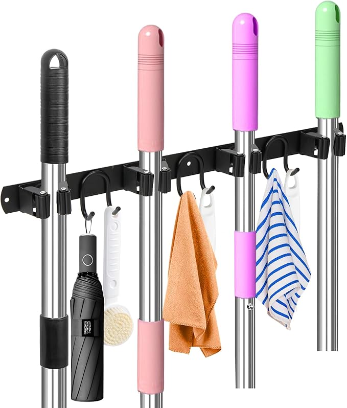 Mop Broom Holder Wall Mount, Black Stainless Steel Tool Storage Organizer for Kitchen Garden Garage Laundry Room Bathroom and RV with 4 Slots 6 Hooks