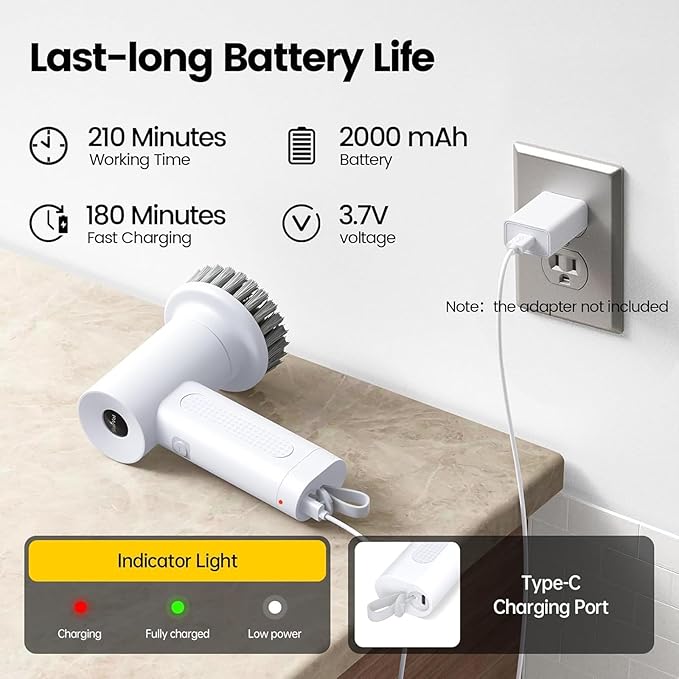 KtEli Electric Spin Scrubber, 2 Speeds Electric Cleaning Brush, Cordless Shower Cleaning Brush with 4 Brush Heads | Versatile Power Scrubber for Bathroom, Shower, Tub, Tile, and Car, White