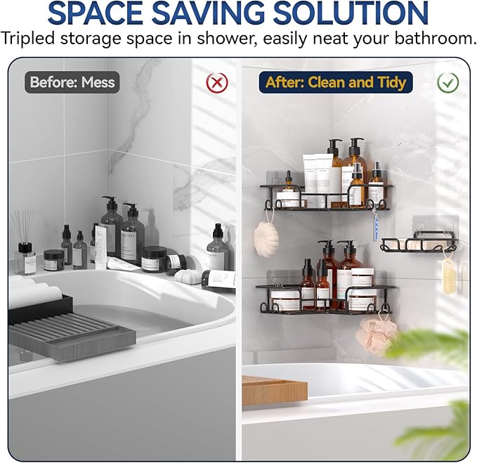 YASONIC Corner Shower Caddy Adhesive with Soap Holder and 12 Hooks, Rustproof corner shower shelves, No Drilling (Bright Black)