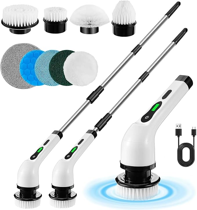 Electric Spin Scrubber, Cordless Electric Cleaning Brush with Extension Handle, 9 Replaceable Brush Heads, 1.5H Working Time, 2 Speed, Power Scrubbing Brush for Floor, Tile, Kitchen, Car Wash White
