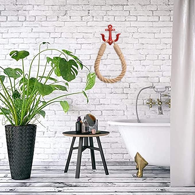 Nautical Toilet Paper Holder Rustic-Industrial Wall-Mounted Nautical Toilet Paper Towel Ring with Metal Hook for Bathroom Decor(Red)