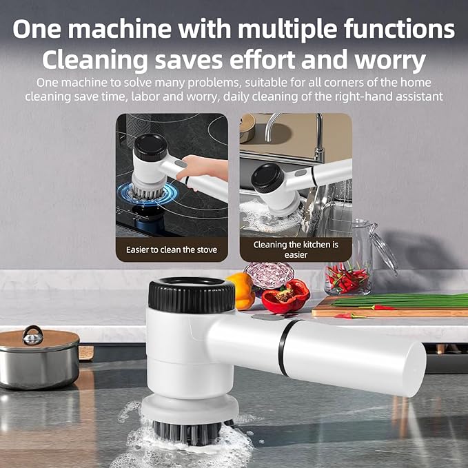 Irishom Electric Spin Scrubber with 5 Brush Heads, 3 Speeds Digital Display Handheld Cleaner for Kitchen, Bathroom, Pot, Pan (White)