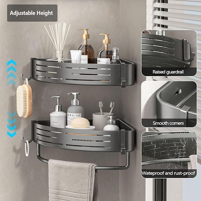 Corner Shower Caddy， 2 Pack Adhesive Shelf Corner with Towel Bar Hooks No Drilling Waterproof Rust Proof Organizer for Bathroom Storage