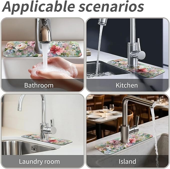 Kitchen Sink Splash Guard，soft-watercolor floral Faucet Mat Sink Gadgets-Super Absorbent Fast Drying Mat Drip Catcher for Kitchen, Bathroom,Sink Mat, Dish Drying Mat, Bathroom(15" X 5.5" )