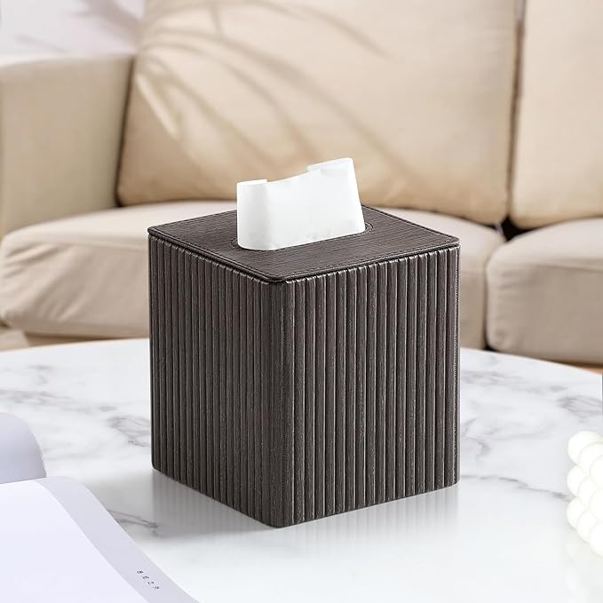 PU Leather Tissue Box Cover Square Tissue Box Holder with Magnetic Closure (Dark Brown)