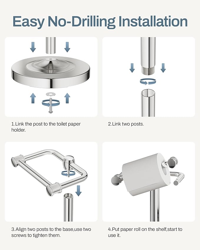 Freestanding Toilet Paper Holder, Double Post Pivoting 22" Height Toilet Roll Holder Floorstanding Base Weighted, Stainless Steel Toilet Paper Holder Stand (Chrome)
