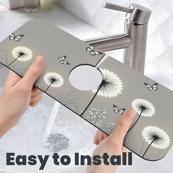 Butterfly Dandelion Floral 15" X 5.5" Kitchen Sink Splash Guard, Faucet Guard Draining Mat, Faucet Suction Pad For Kitchen Bathroom