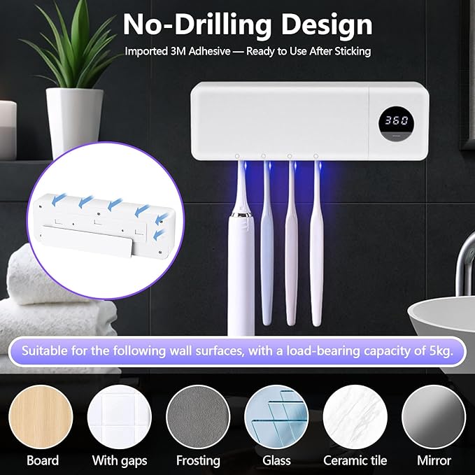 Wall Mounted Toothbrush Holder,UV Toothbrush Holders,No Drilling Wall Mounted Toothbrush Sanitizer Cleaner 4 Slots,Fan Drying Smart & 360s Timer Function for Smart Home Bathroom Accessories.