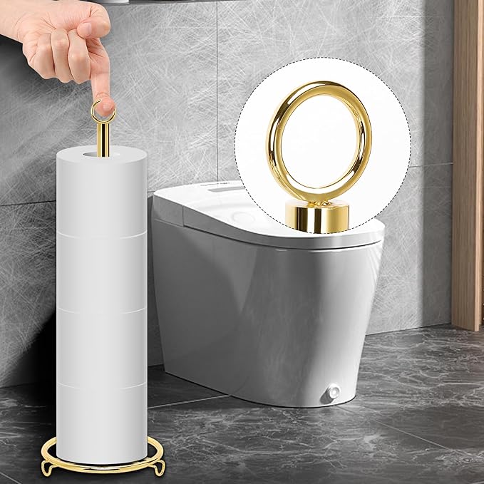 Bath Toilet Paper Holder, Metal Toilet Tissue Roll Organizer Storage, Tissue Paper Holder Stand for Bathroom/Kitchen Countertop (21” H, Gold)