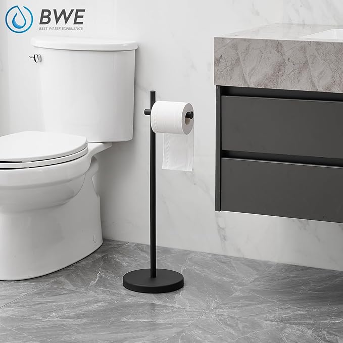 BWE Black Toilet Paper Holder Free Standing Toilet Paper Holder for Bathroom Toilet Paper Storage Holder Stand with Non-Slip Stable Base Modern Stainless Steel Toilet Tissue