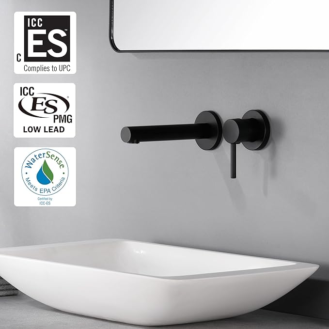 SUMERAIN Matte Black Wall Mount Bathroom Sink Faucet Modern Lavatory Vessel Faucet Single Handle