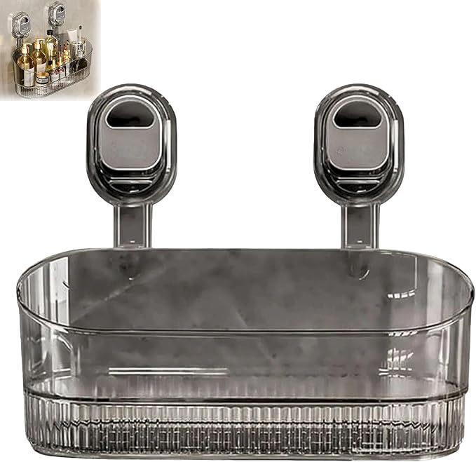 No-Drill Bathroom Suction Storage Box – Large Capacity and Strong Load-Bearing, Removable Hanging Storage Basket (Gray)