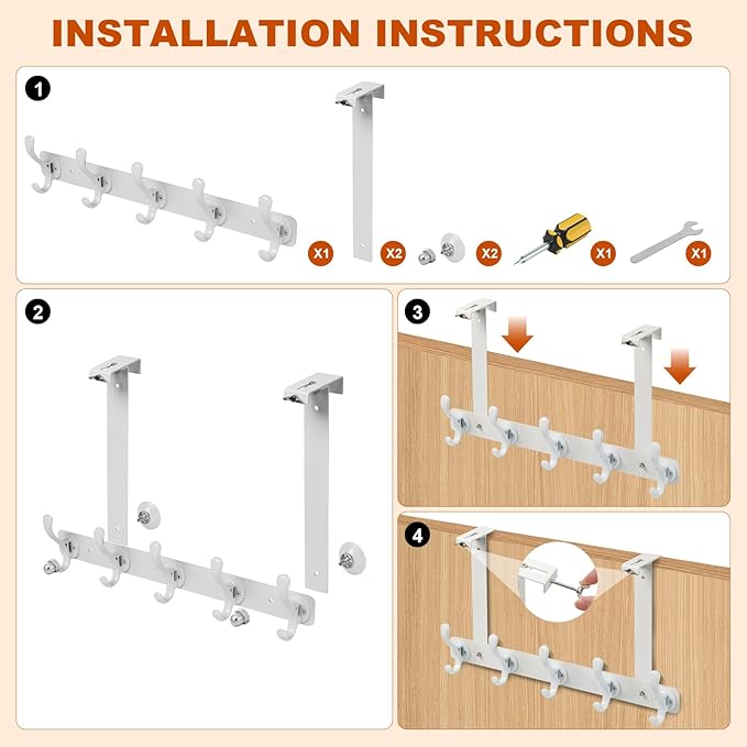Bersite Over The Door Hooks for Hanging，Over The Door Hanger，Heavy Duty Stainless Steel Door Towel Rack with 5 Double Hooks for Hanging Towels, Coats, Robes, Hats (White)