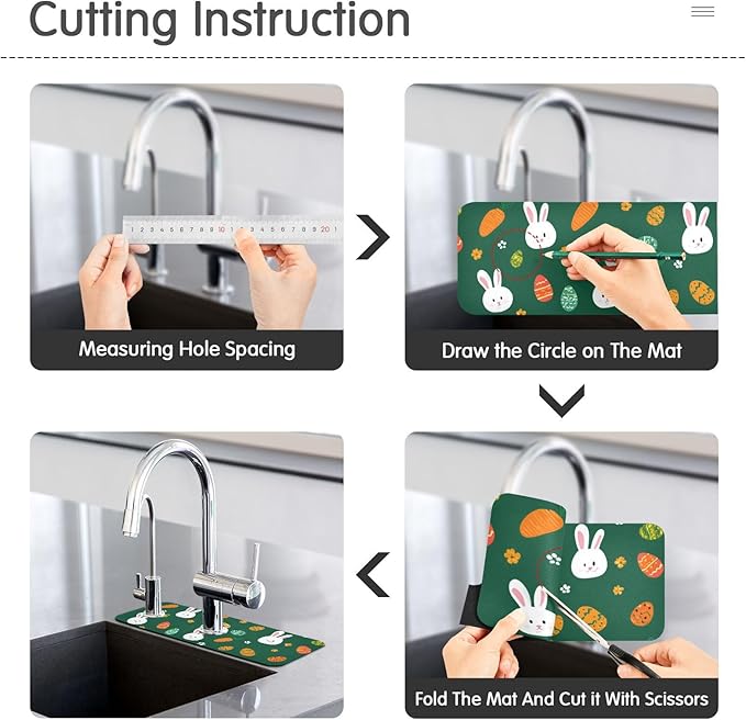 Kitchen Sink Splash Guard 1 PC 30 Inch Sink Faucet Mat Splash Guard for Bathroom Countertop Water Absorbent Foldable Cuttable Soft Washable Deep Green Easter Rabbit Eggs Carrots