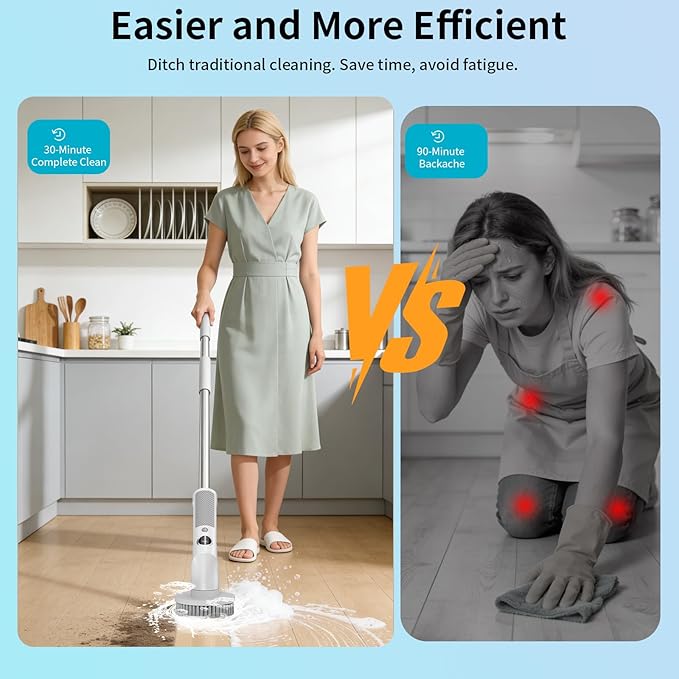 Electric Spin Scrubber, Cordless Cleaning Brush with 6 Replaceable Brush Heads, IPX7 Waterproof Bathroom Scrubber with Adjustable Extension Handle & Battery Level Display for Bathroom Kitchen Car