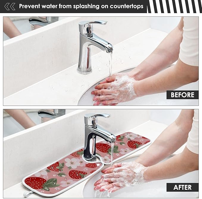2 PCS Kitchen Sink Splash Guard 30 Inch Faucet Mat for Kitchen Sink Bathroom Sink Faucet Absorbing Drip Drain Mat Pad Microfiber Soft Washable Pink and Red Strawberry Flowers